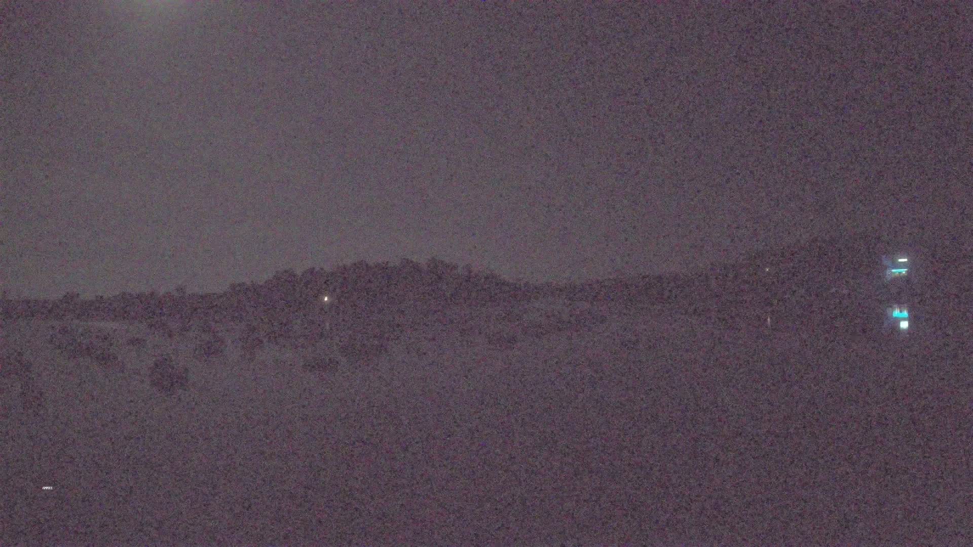 A nighttime, low-light view shows a dark, flat landscape with a line of trees and a few faint lights in the distance.