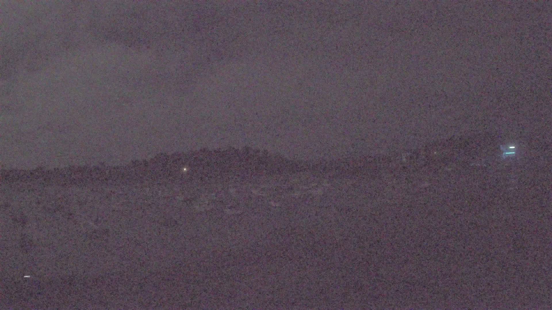 A dark, overcast sky covers a dimly lit landscape of low-lying vegetation and distant structures.