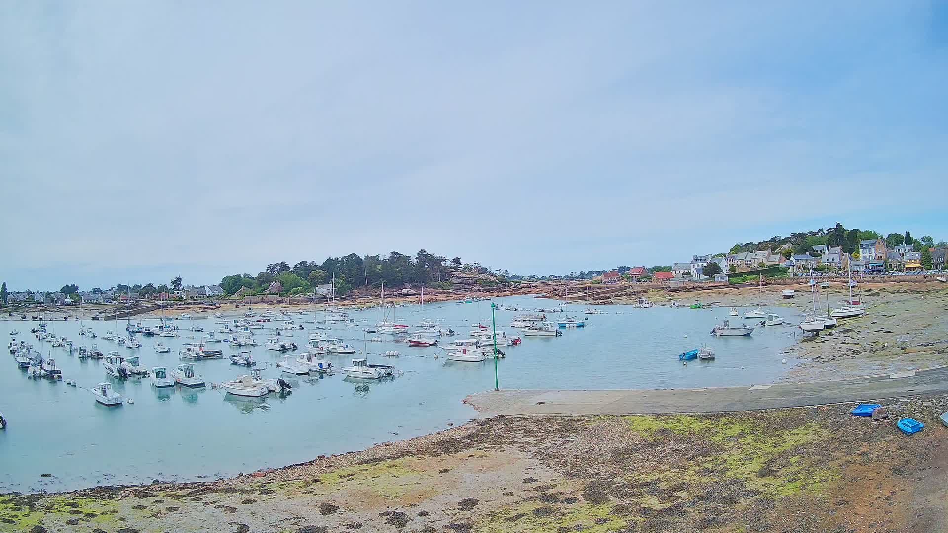 A calm harbor filled with numerous small boats is nestled beside a small town under a mostly cloudy sky.