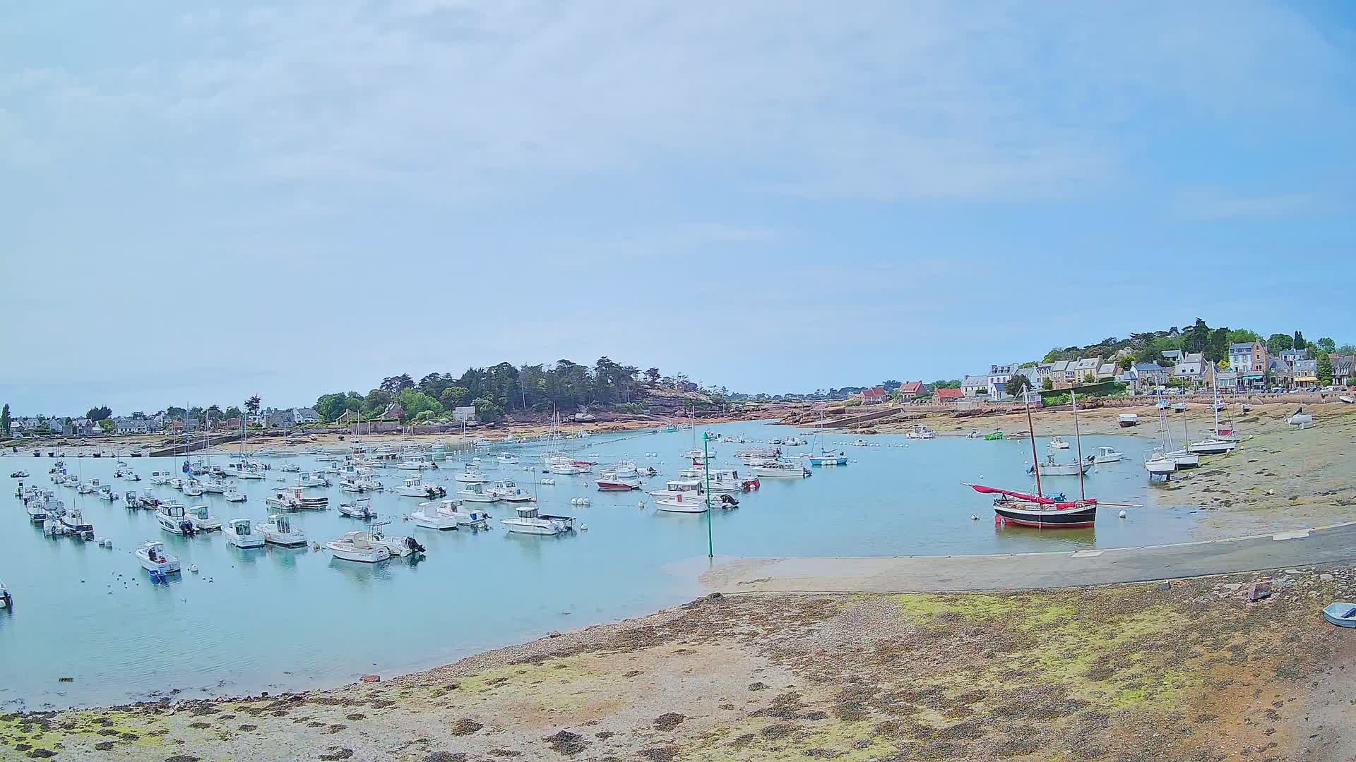 A calm, sunny day reveals a harbor filled with numerous small boats, nestled beside a shoreline village under a mostly clear sky.