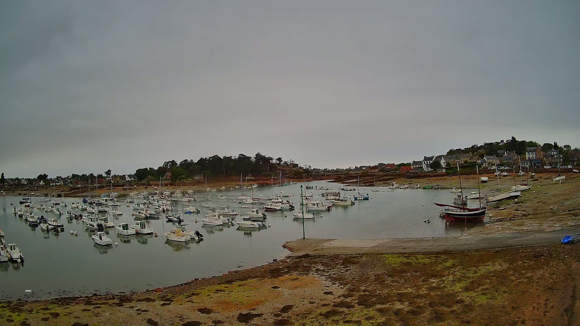 Numerous small boats are moored in a calm harbor under an overcast sky, with a small village visible in the background.
