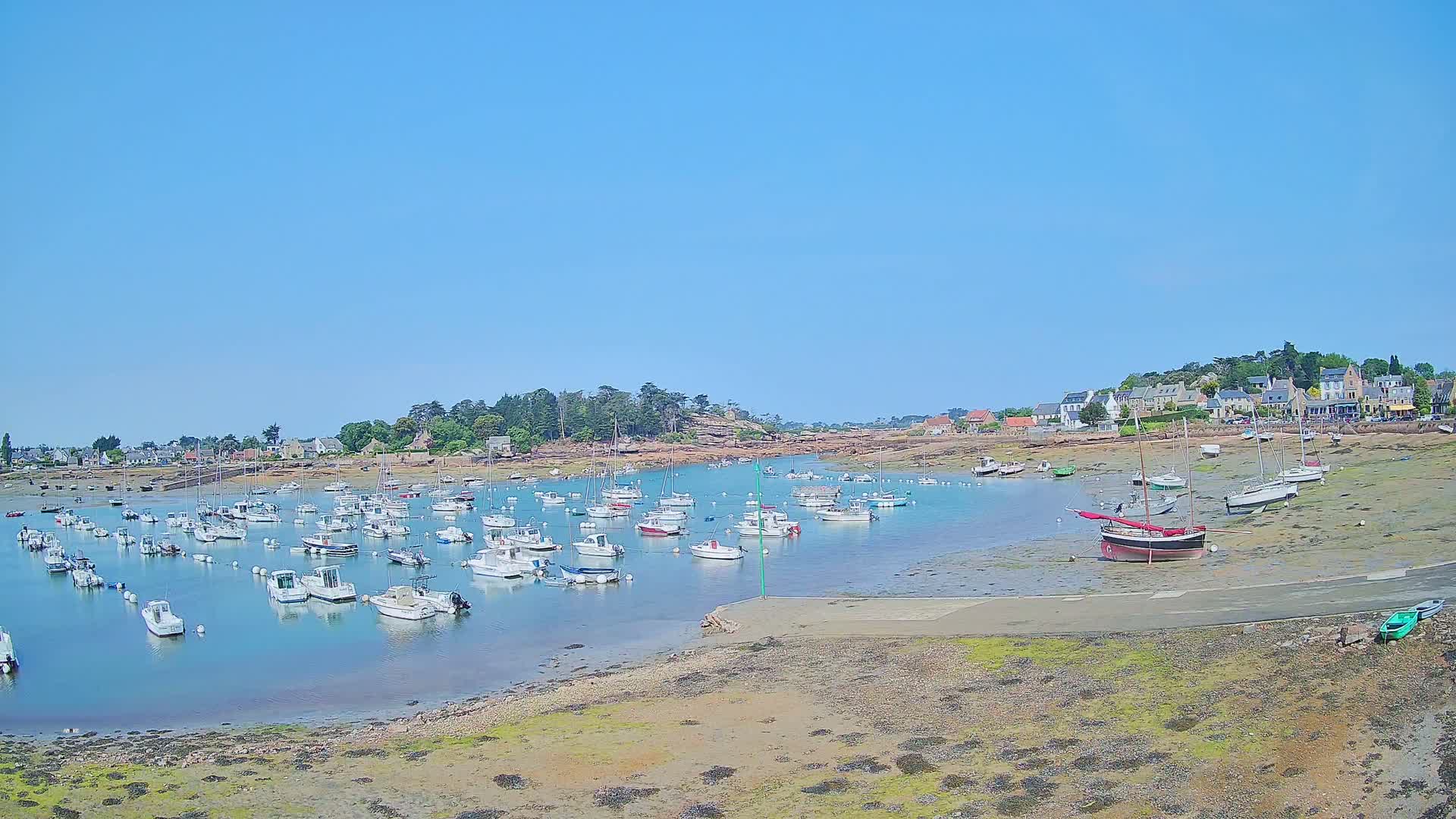 A calm, sunny day reveals a harbor filled with numerous small boats, nestled beside a shoreline town and a rocky headland.