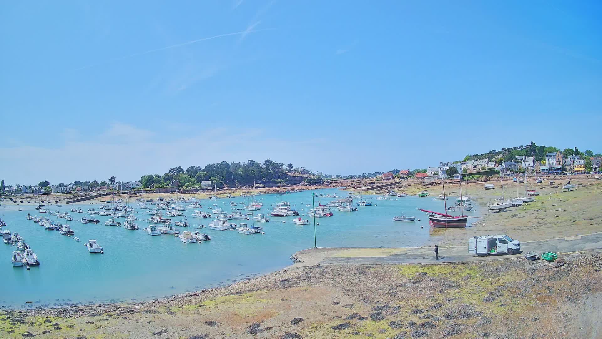 A harbor filled with numerous small boats under a clear blue sky, with a small town and rocky coastline visible in the background.