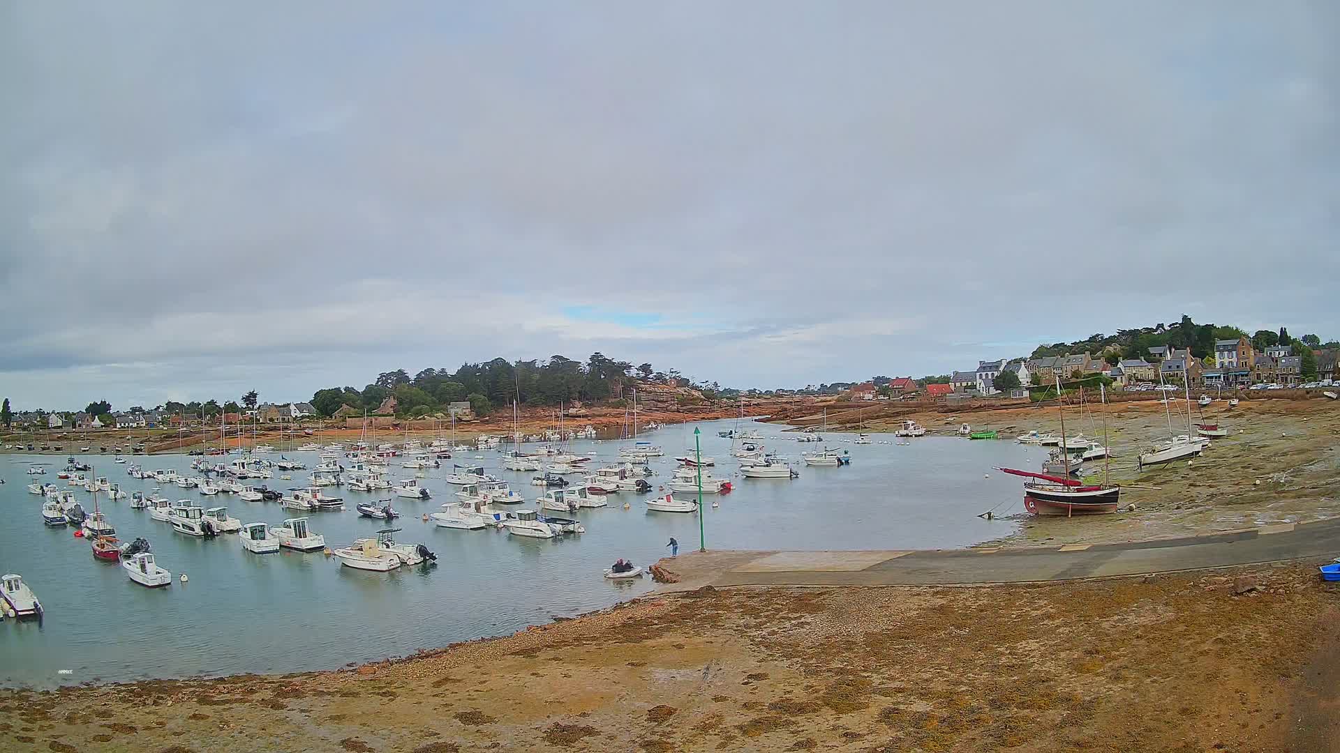 Numerous small boats are moored in a calm harbor under an overcast sky, with a small village visible in the background.