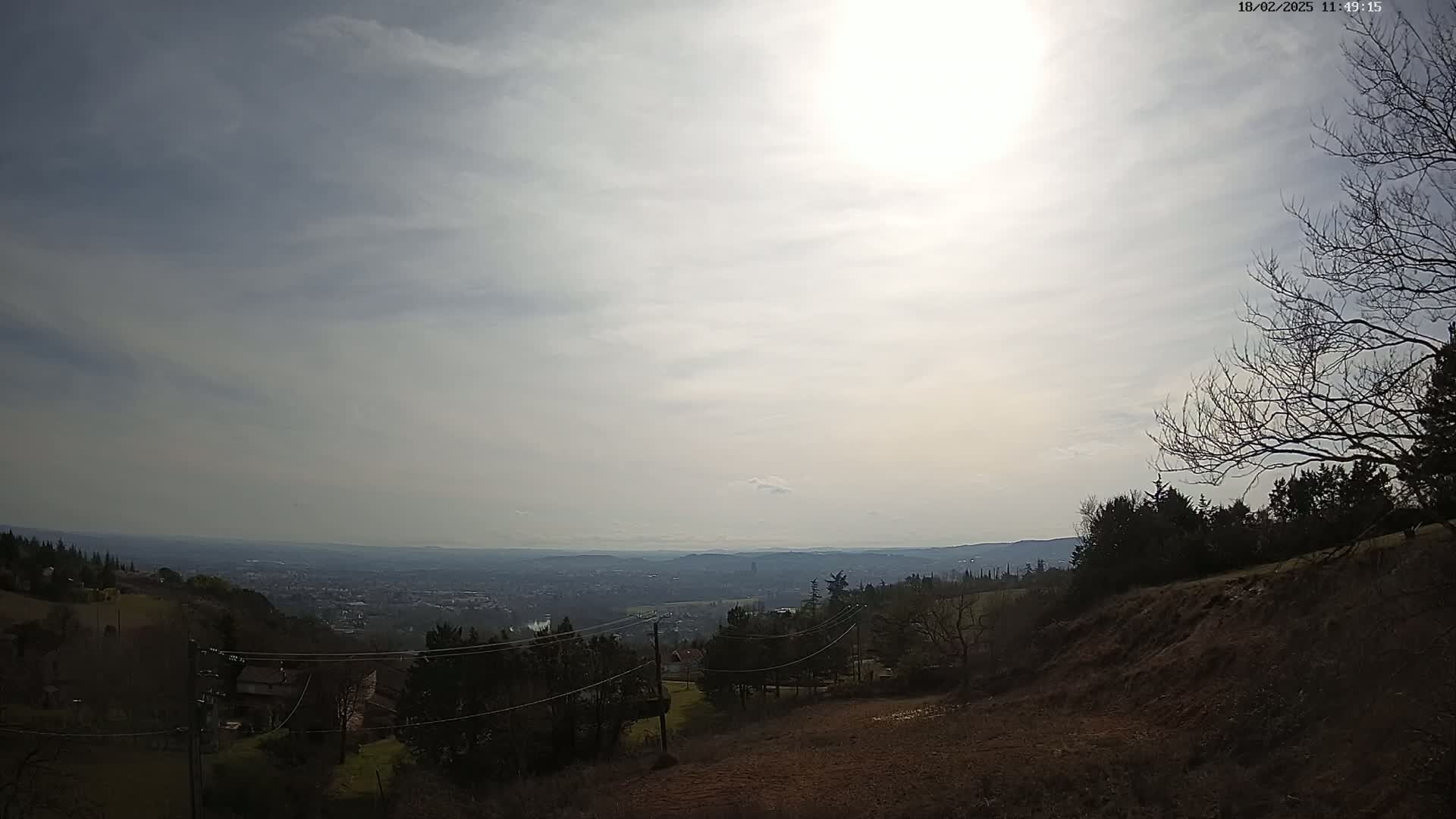 A partly sunny day reveals a view of a distant city spread across a valley, seen from a hillside with bare trees and sparse vegetation in the foreground.