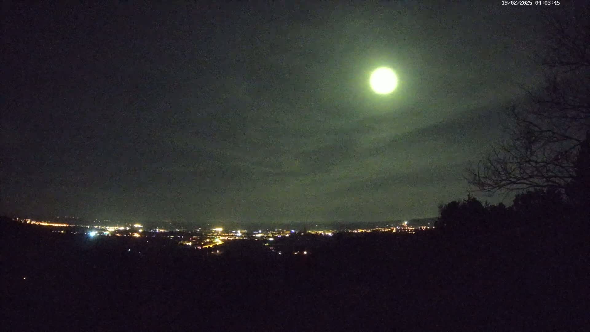 A bright moon illuminates a nighttime landscape featuring a distant city glowing with lights, partially obscured by a dark, silhouetted hillside and trees under a mostly clear, night sky.