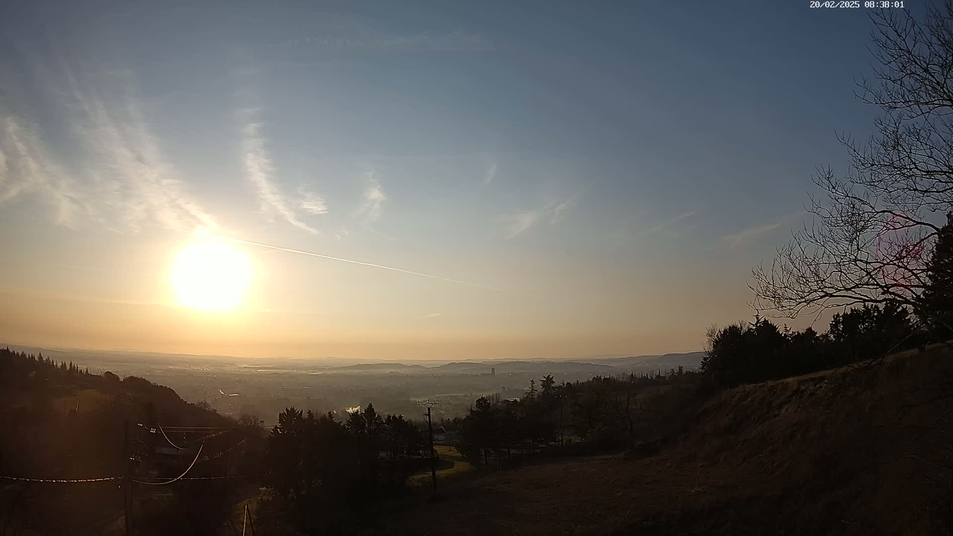 A hazy sunrise illuminates a distant valley and city, seen from a hilltop with bare trees and power lines in the foreground.