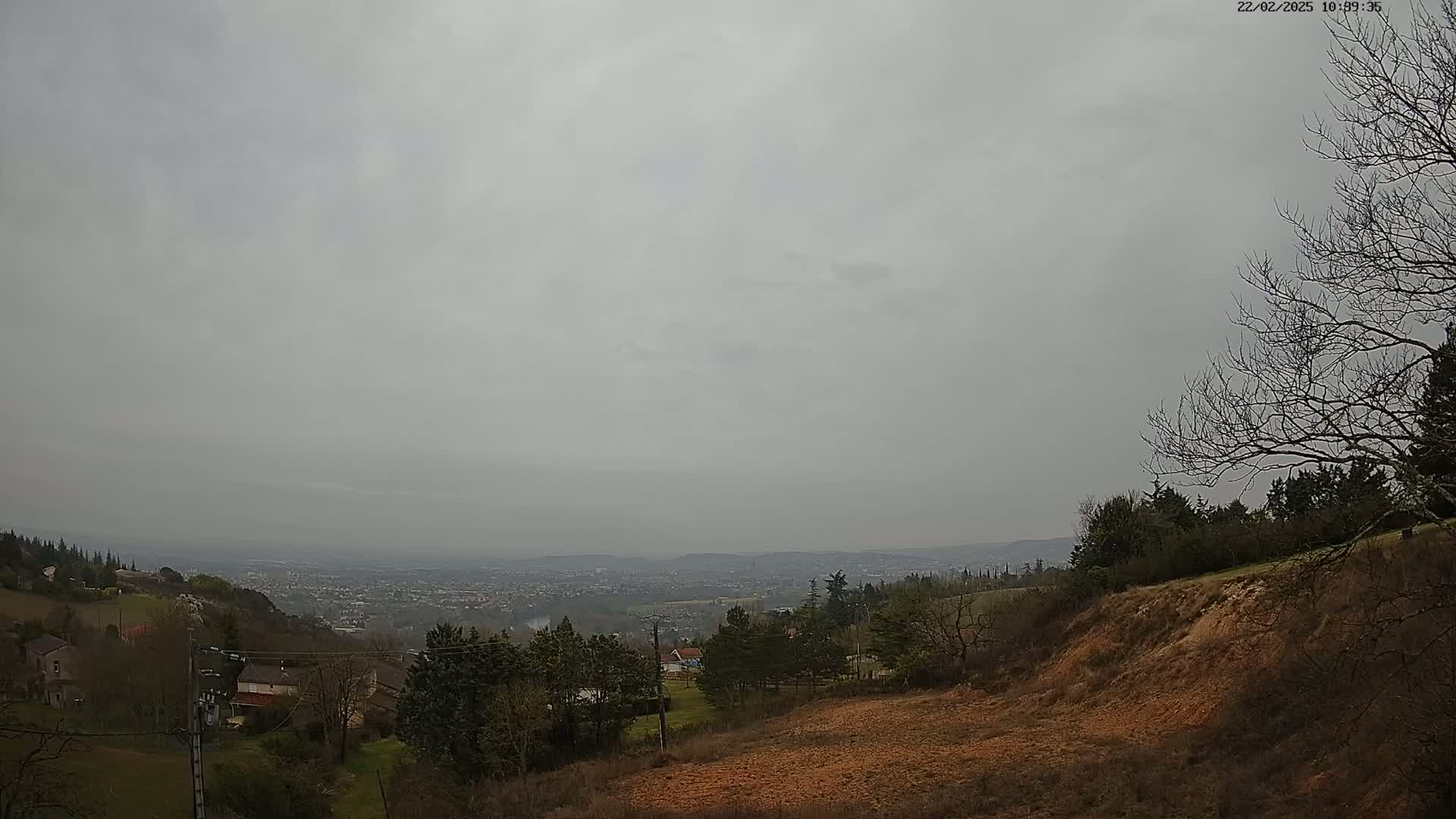 A view from a hillside shows a distant city under a hazy, overcast sky, with sparsely wooded areas and houses closer to the viewer.