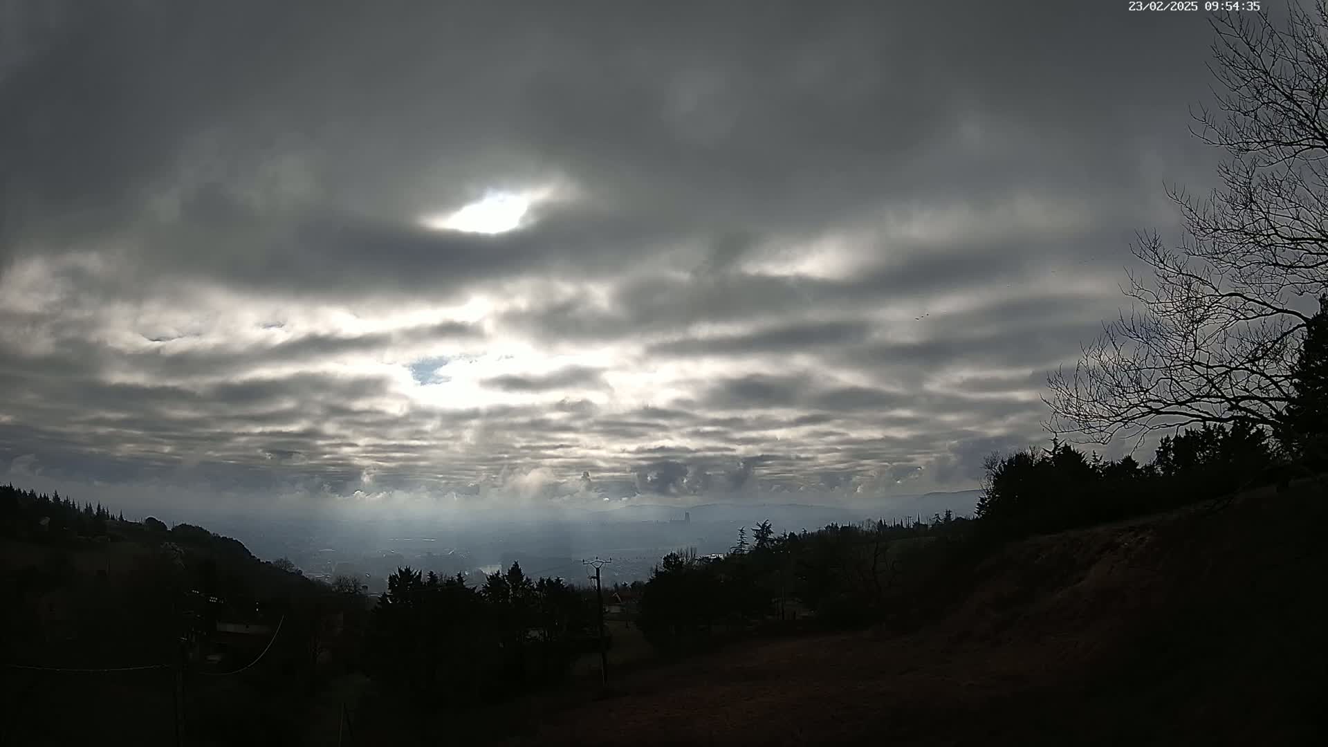 A sunlit, overcast sky over a valley and distant city, viewed from a hilltop with silhouetted trees and bare branches in the foreground.