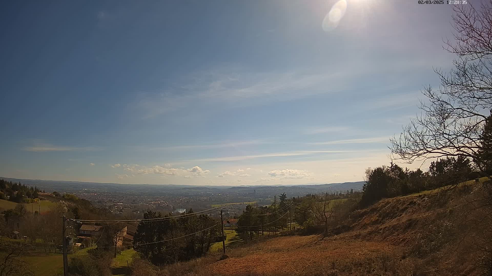 A sunny day with a few clouds reveals a sprawling city in the distance, viewed from a hilltop with bare trees and sparse vegetation in the foreground.