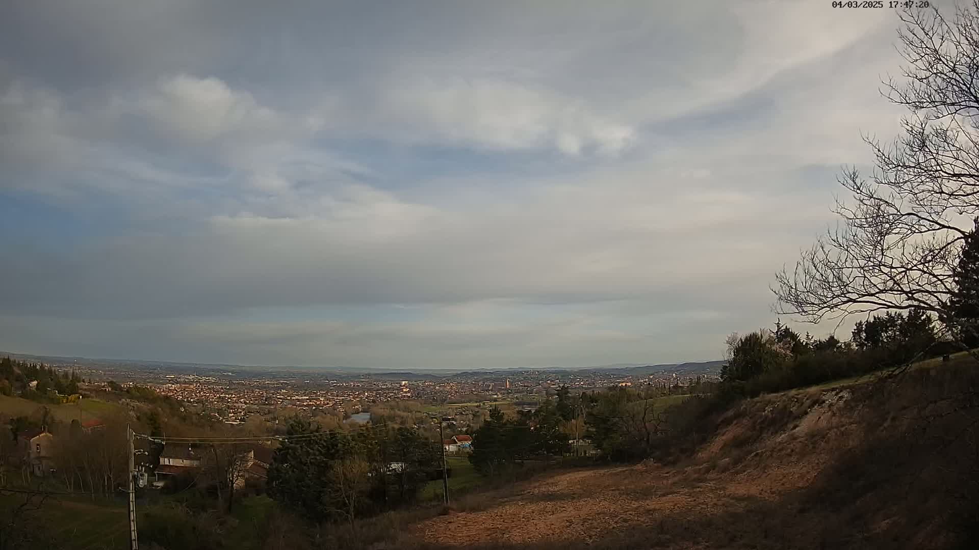 A sprawling city view extends to the horizon under a mostly cloudy sky, observed from a hillside with sparsely populated residential areas and leafless trees.