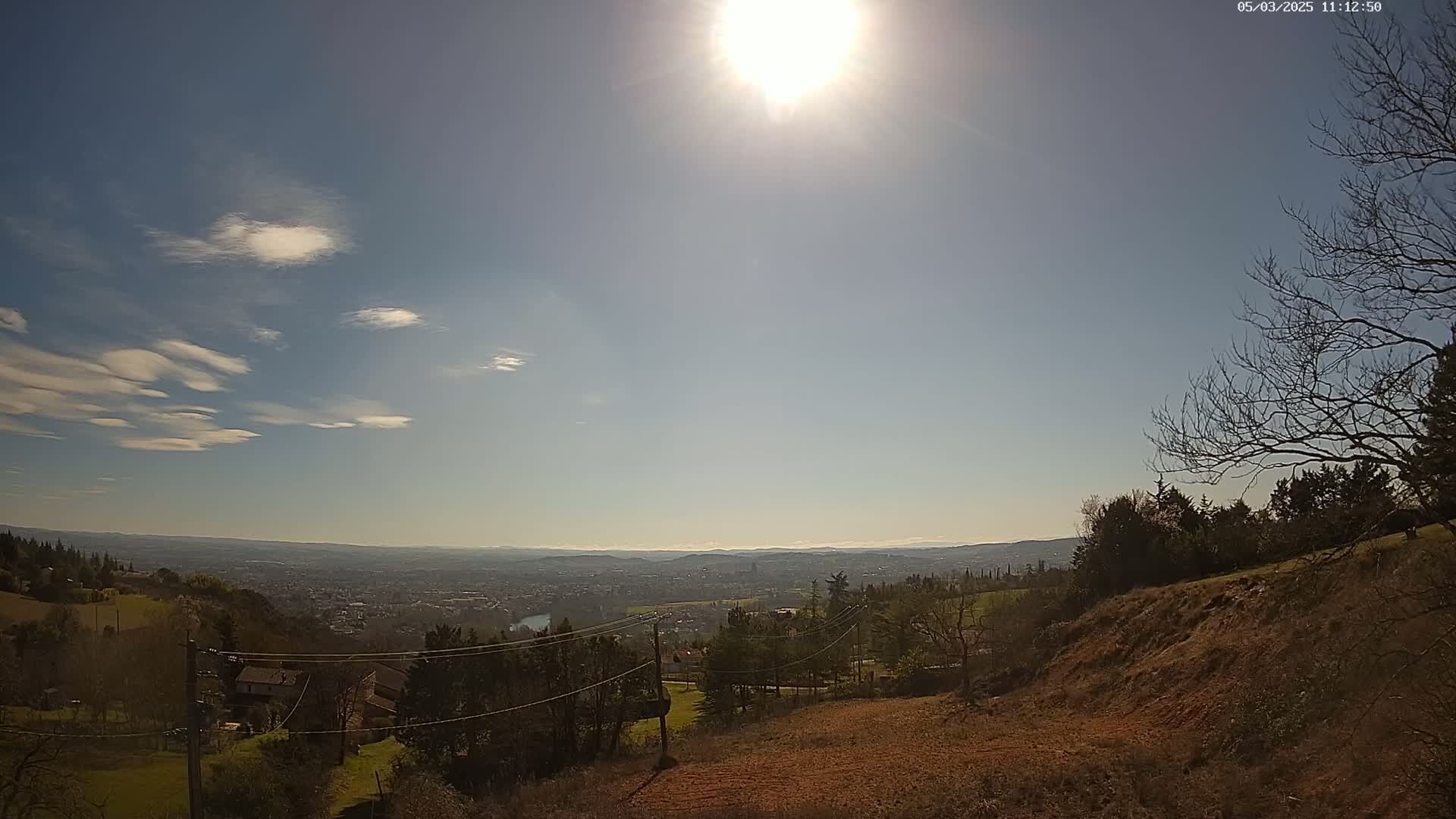 A sunny day reveals a sprawling vista of a city nestled in a valley, observed from a hillside with sparse trees and dry, brown earth in the foreground.