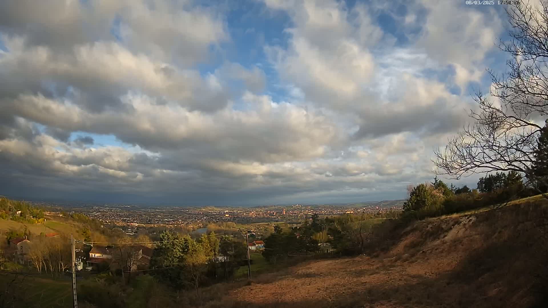 A sprawling cityscape is visible in the distance under a partly cloudy sky, viewed from a hilltop with sparse, leafless trees and dry, brown earth in the foreground.