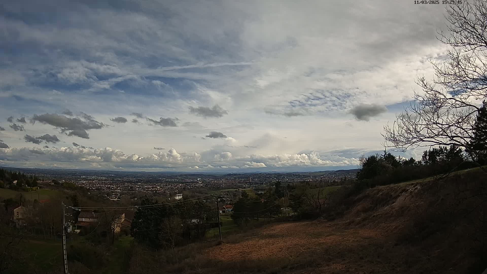 A sprawling city is visible in the distance under a partly cloudy sky, viewed from a hilly vantage point with bare trees and brown earth in the foreground.