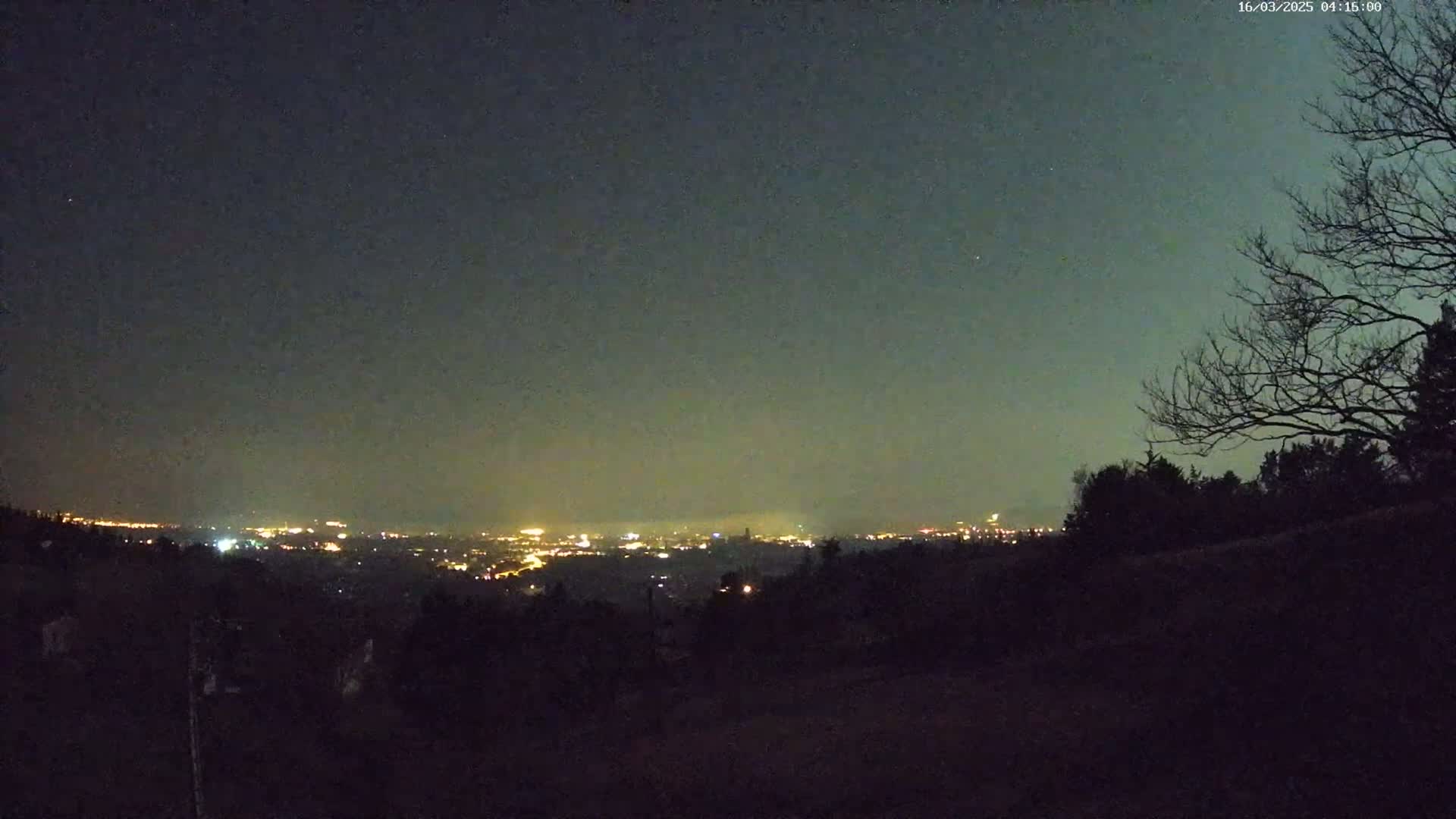 A nighttime view from a hilltop shows a distant city glowing with lights under a dark, clear sky.