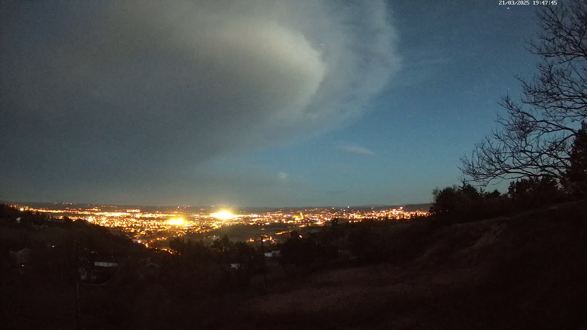 A nighttime view of a city's lights spread across a valley below, partially obscured by a cloudy sky and silhouetted trees in the foreground.