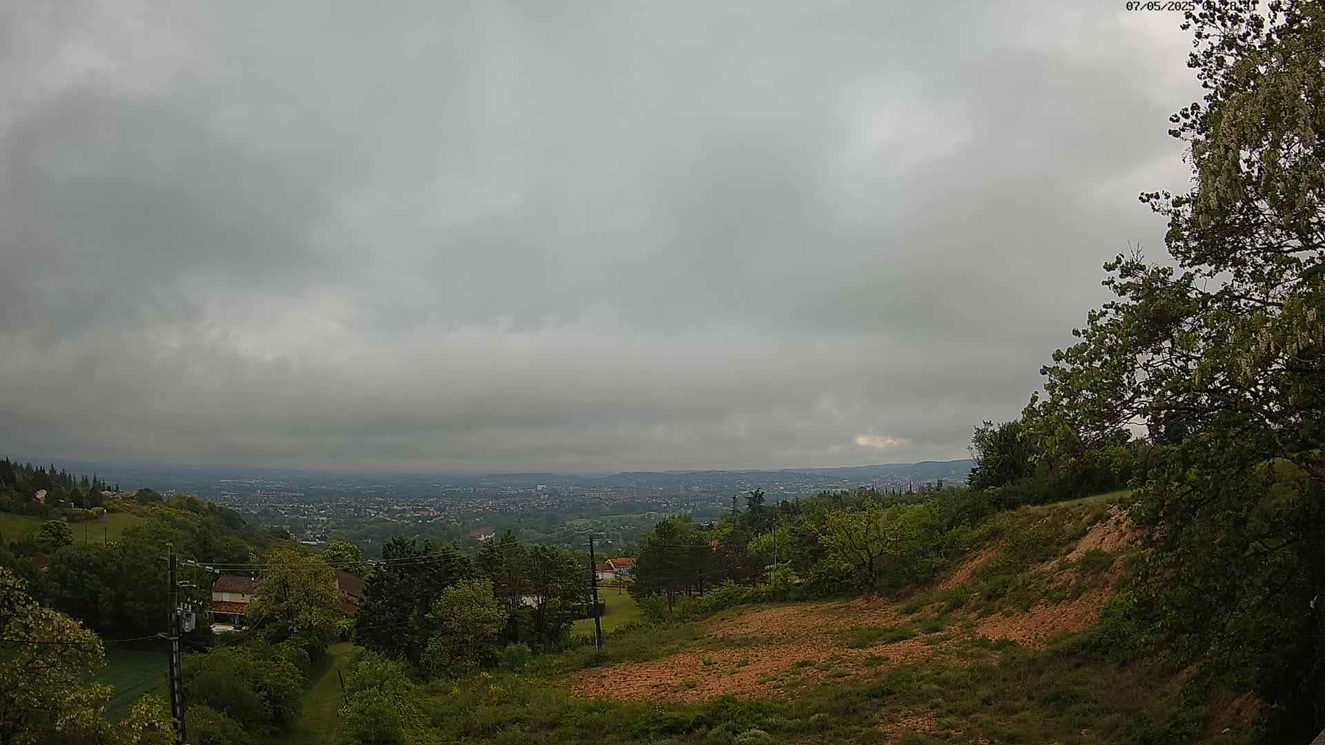 A hilly landscape with lush green trees and a distant city view under an overcast sky.