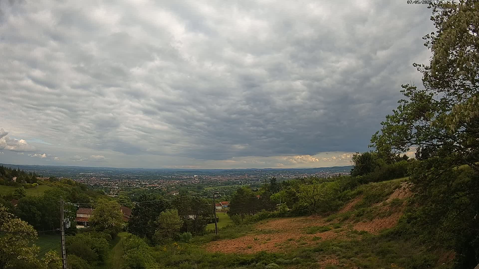 A sprawling city is visible in the distance under a cloudy sky, viewed from a verdant hillside with some tilled land.