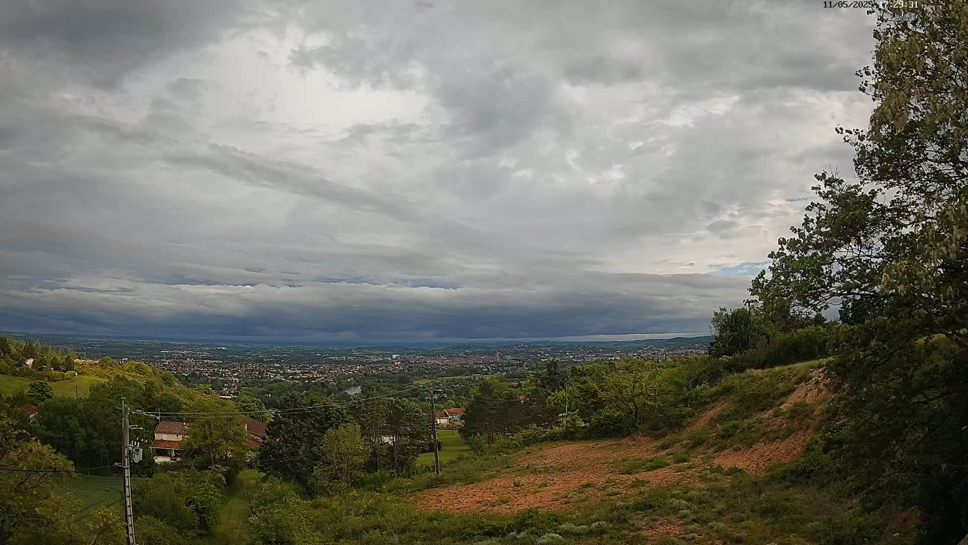 A sprawling view of a city under a cloudy sky is seen from a verdant hillside, with a few houses nestled amongst the trees.