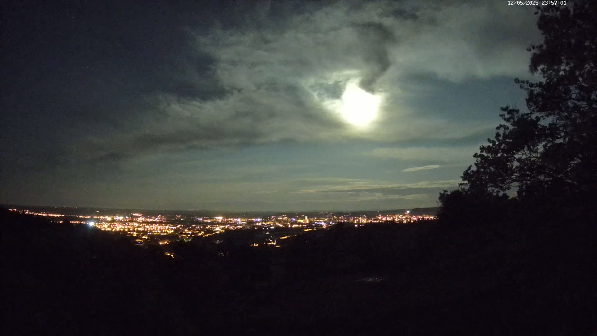 A bright moon shines through cloudy night skies over a distant city's illuminated landscape, partially obscured by a silhouetted tree.