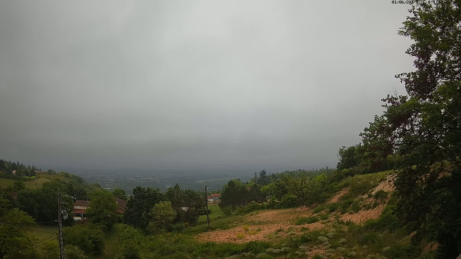 A hazy, overcast view from a hilltop shows a valley with distant buildings and greenery,  a closer hillside with sparse vegetation and trees.