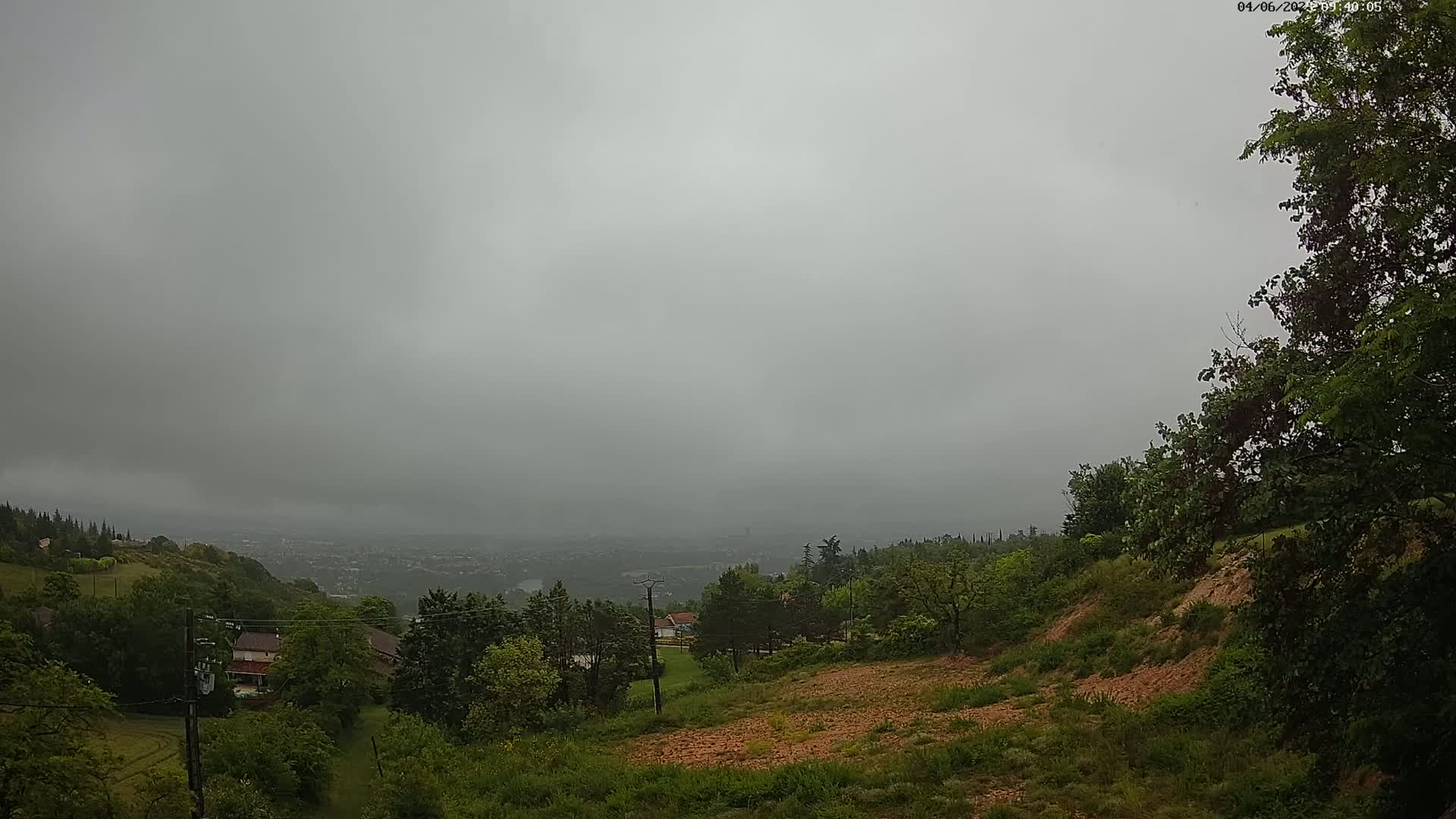 A hilly landscape with green trees and a distant view of a city under an overcast, gray sky.