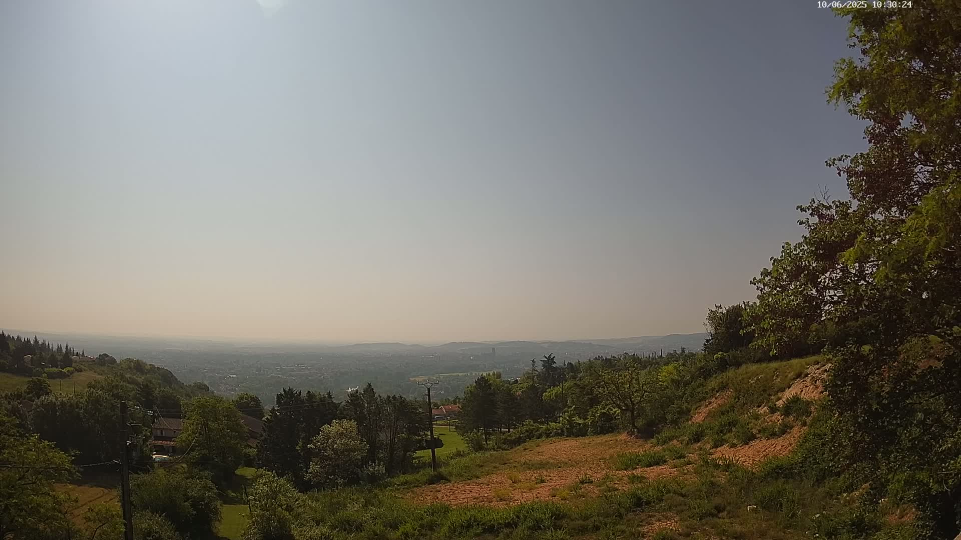 A hazy, sunny day reveals a sprawling landscape of green hills and distant cityscape, viewed from a high vantage point among leafy trees.
