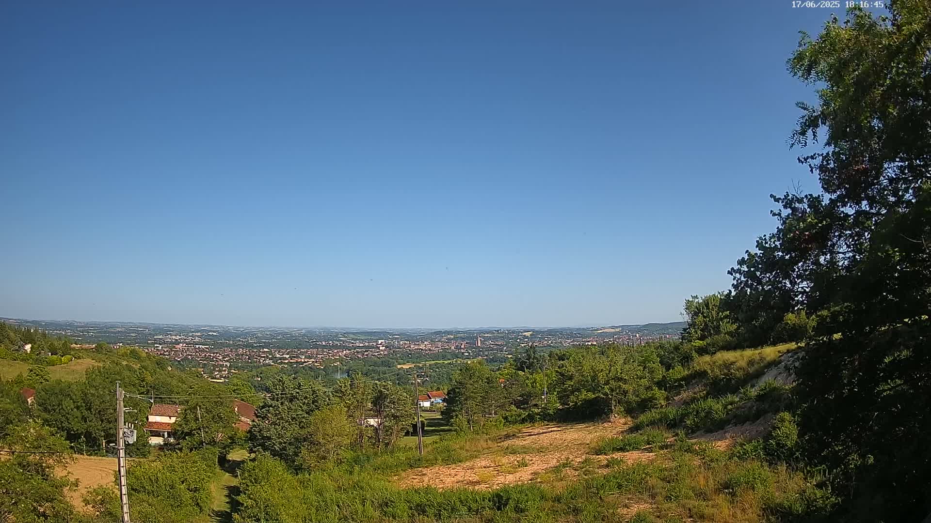 A sprawling city is visible in the distance under a clear blue sky from a hillside vantage point dotted with lush green trees and shrubs.