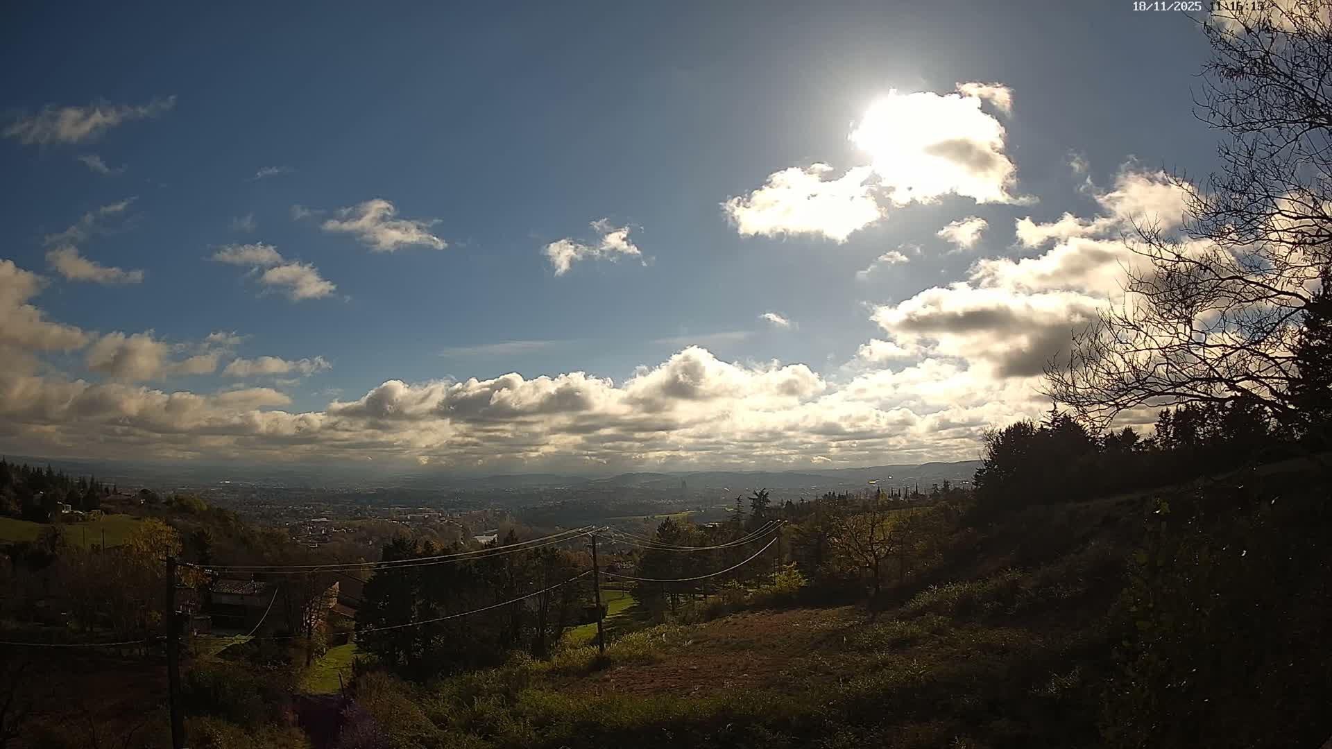 A brightly lit city is visible in the distance under a mostly cloudy night sky, illuminated by a large, bright moon partially obscured by clouds, as seen from an elevated vantage point with silhouetted trees in the foreground.