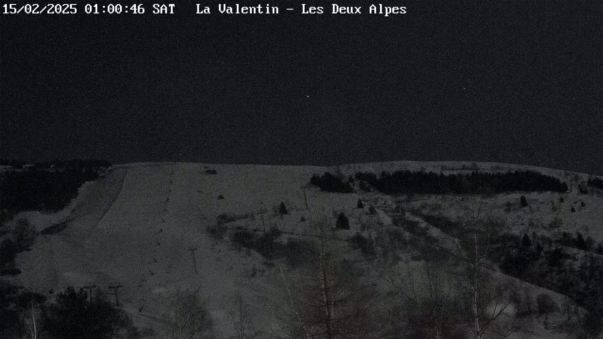A nighttime, snow-covered ski slope is visible, with sparsely lit trees and shrubs in the foreground and background under a dark sky.
