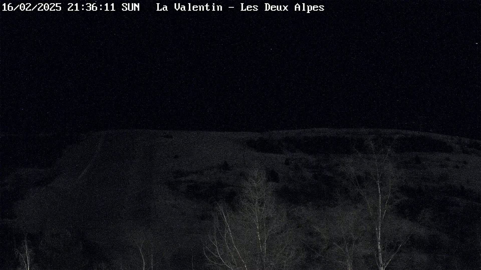 A nighttime, low-light view of a snow-covered hill with sparse, leafless trees in the foreground under a clear, dark sky.