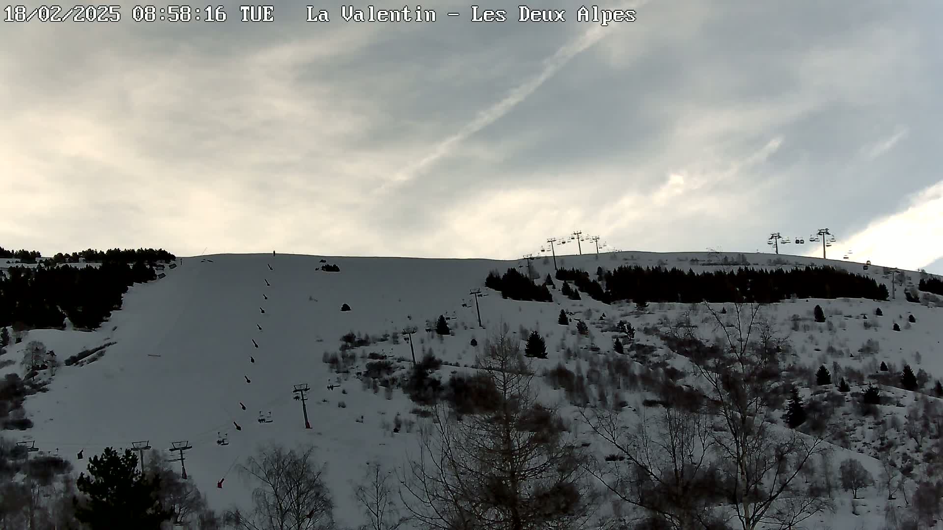 A snow-covered ski slope with sparsely wooded areas and several chairlifts under a cloudy sky.