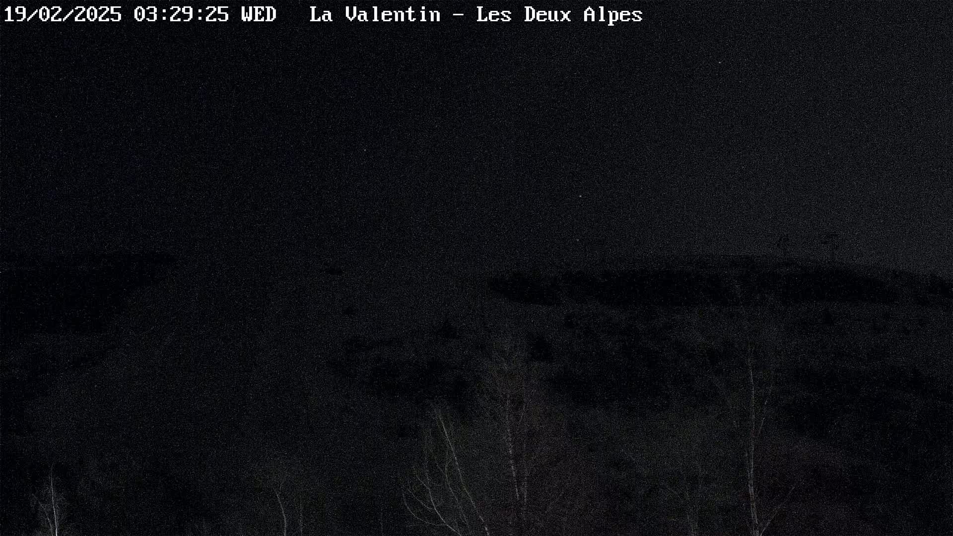 A nighttime, dark view of a snow-covered landscape with bare trees in the foreground under a mostly clear sky.
