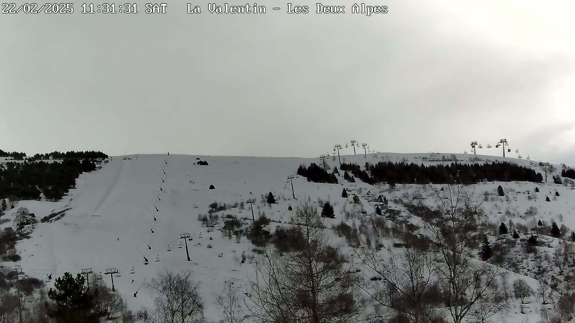 A snow-covered ski slope with several ski lifts and sparsely wooded areas under an overcast sky.