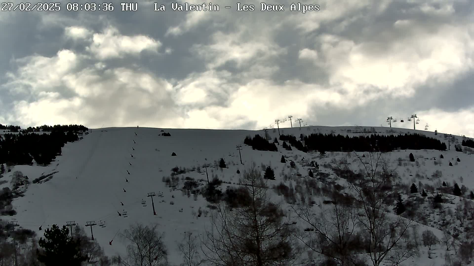 A snow-covered hillside with sparsely wooded areas and several ski lifts under a cloudy sky.
