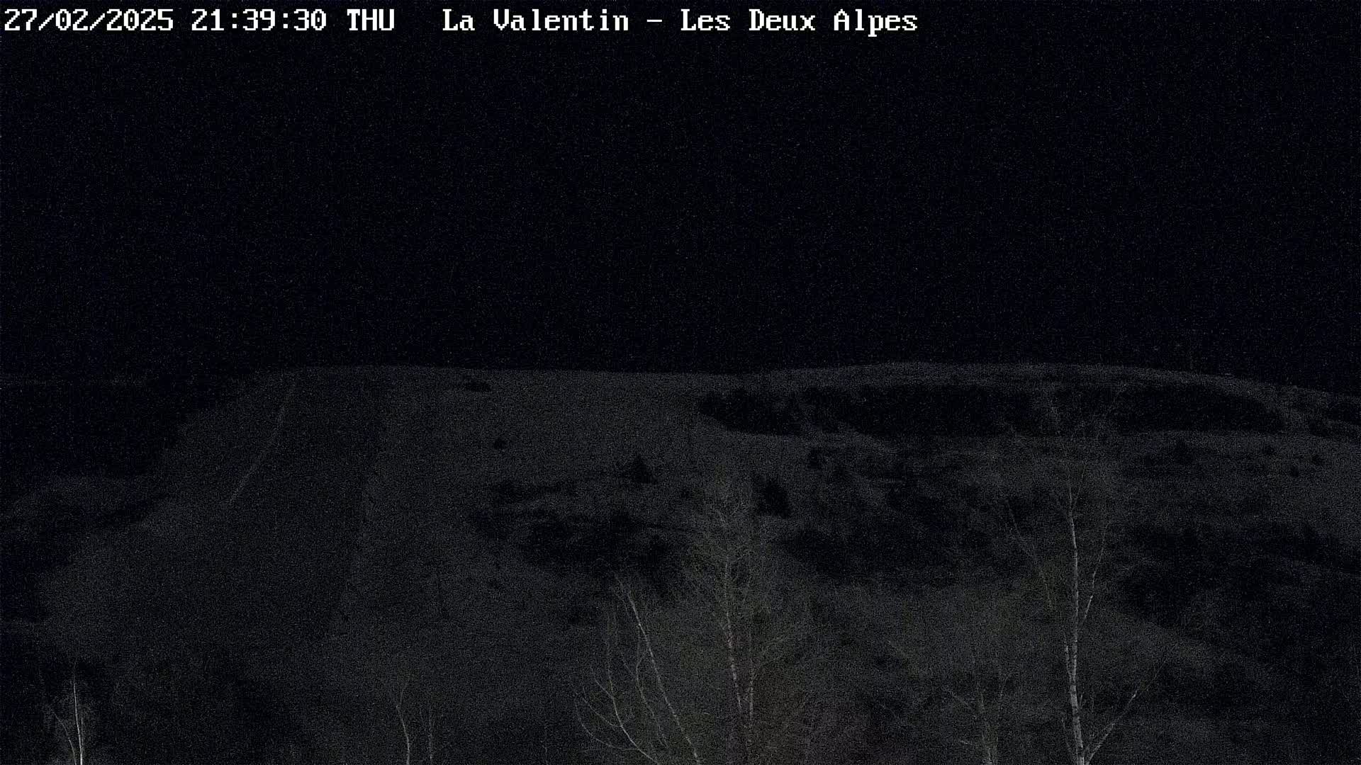A nighttime view of a snow-covered hillside with a few sparse trees under a dark sky.