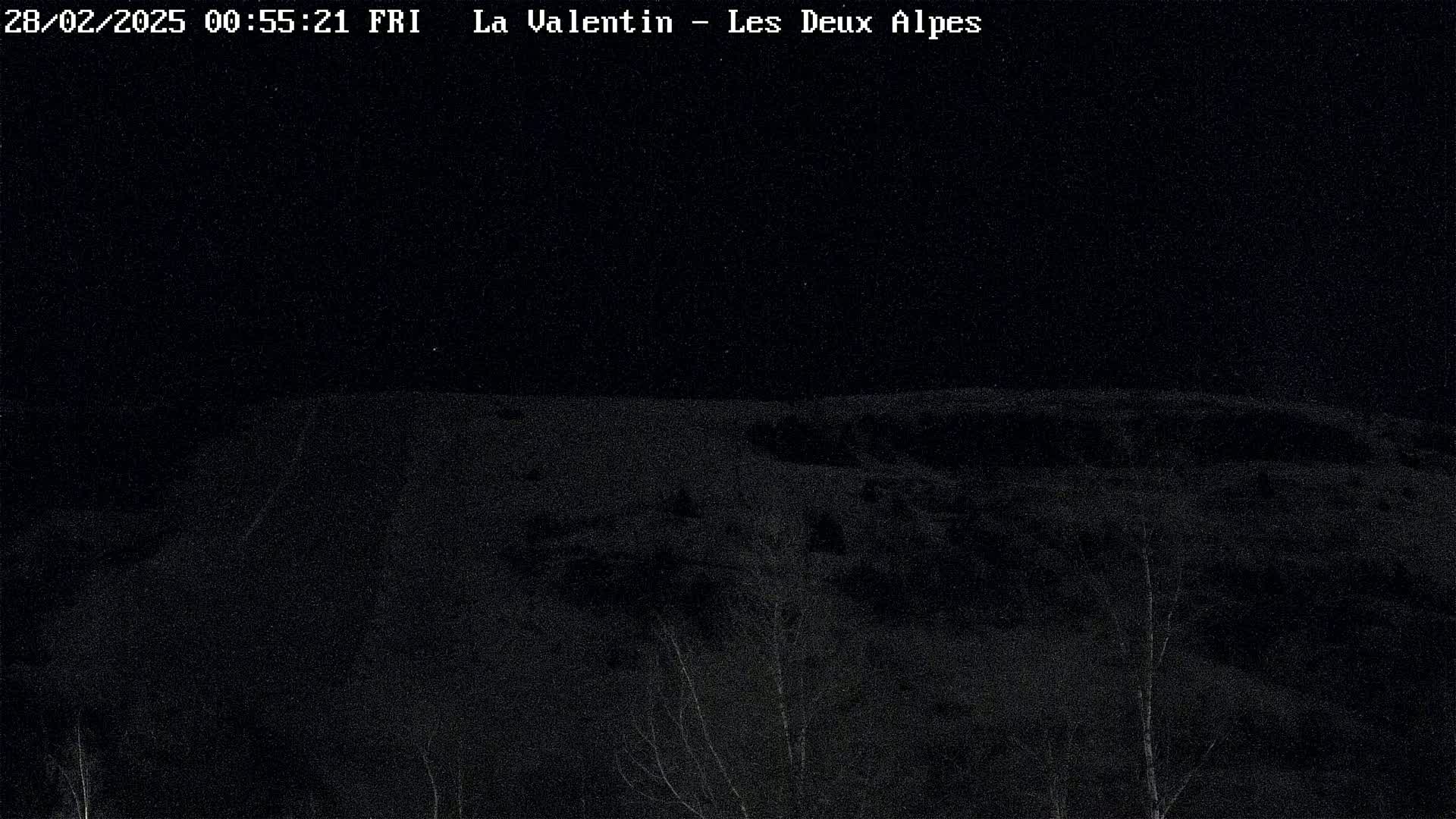 A dark, nighttime view of a snow-covered landscape with sparse, silhouetted trees in the foreground.