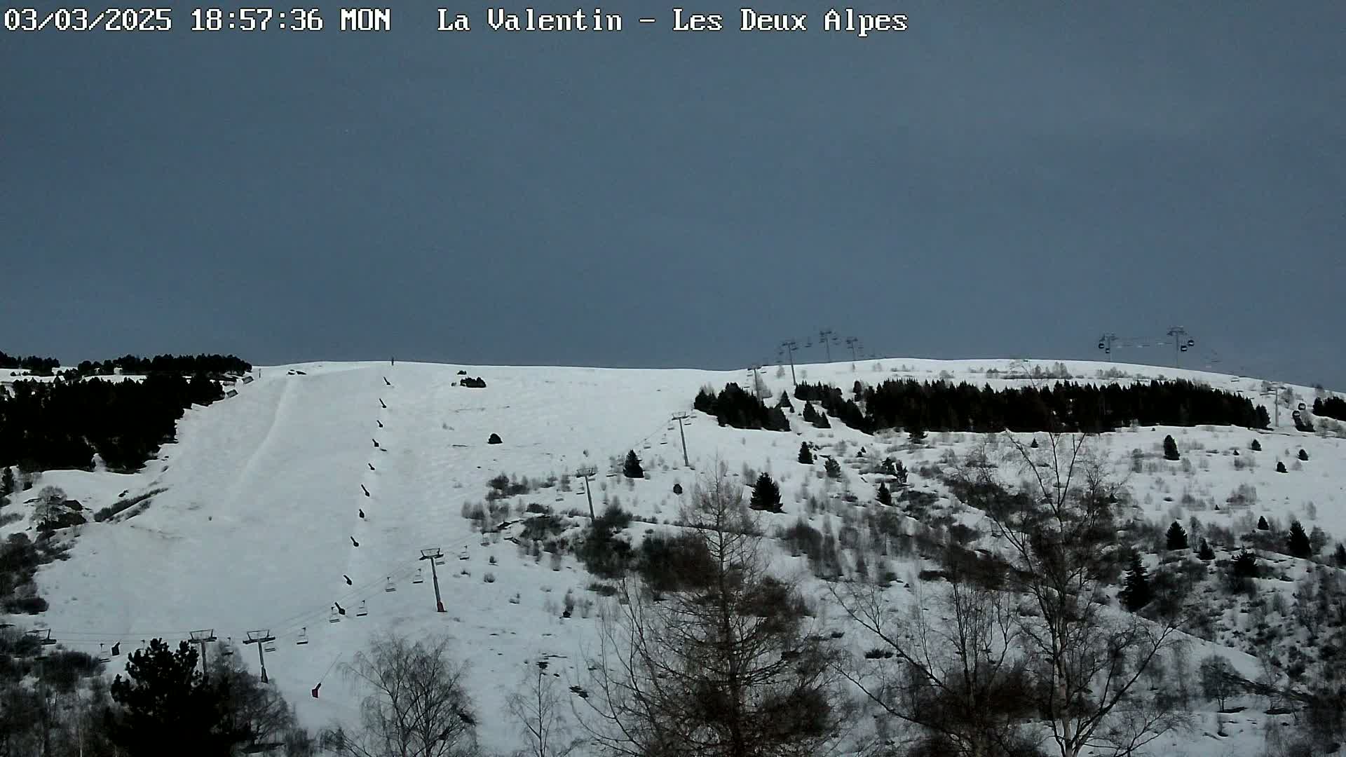 A snow-covered hillside with sparsely scattered trees and ski lifts under a cloudy sky.