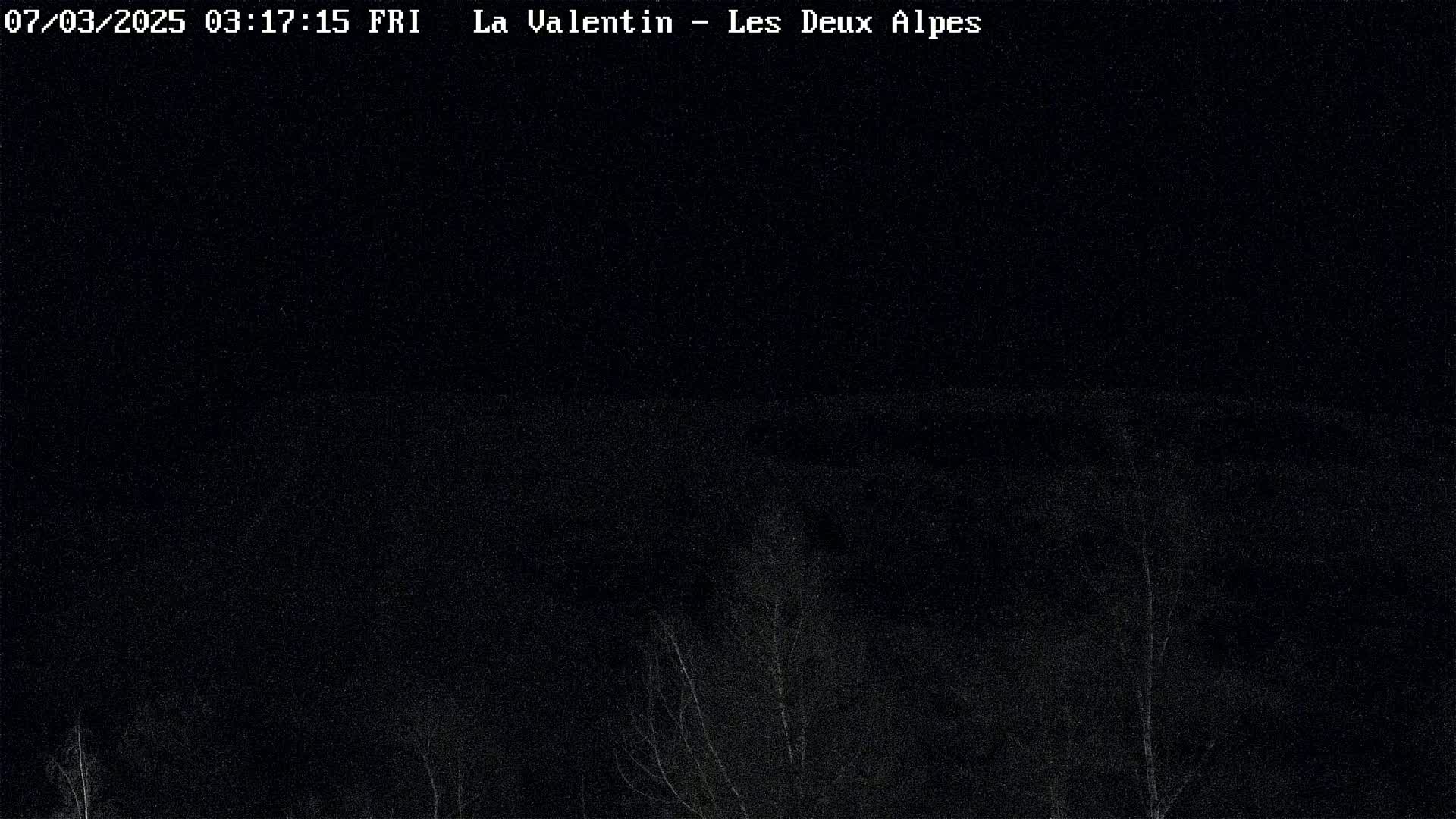 A nighttime, dark scene shows a few bare trees in the bottom center, with a dark, possibly snowy, landscape extending to the horizon under a mostly clear sky.
