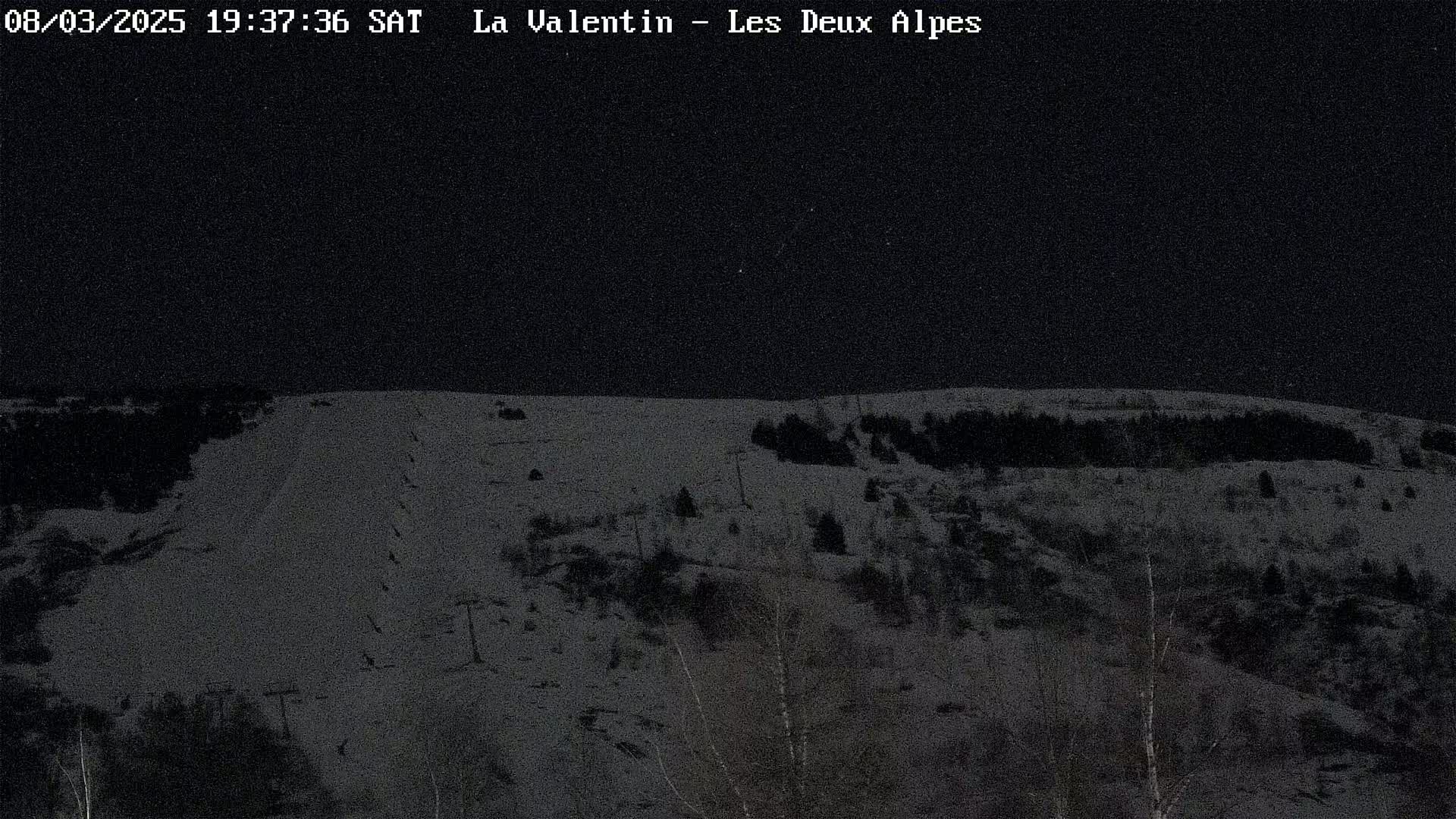 A nighttime view of a snow-covered ski slope with sparsely wooded areas under a dark, clear sky.