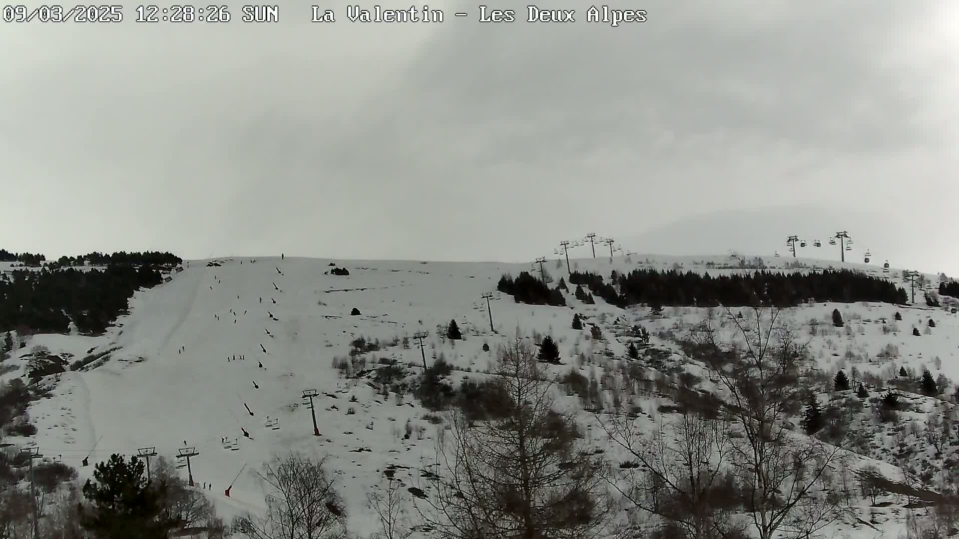 A snowy ski slope with several skiers visible, chairlifts, and sparse, snow-covered trees under an overcast sky.