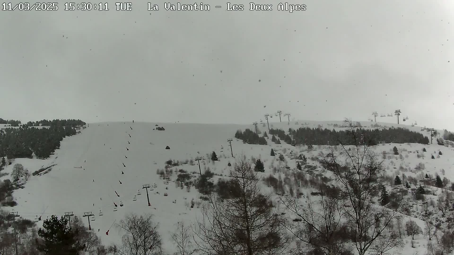 A snow-covered ski slope with sparsely scattered skiers and ski lifts under a light snowfall.