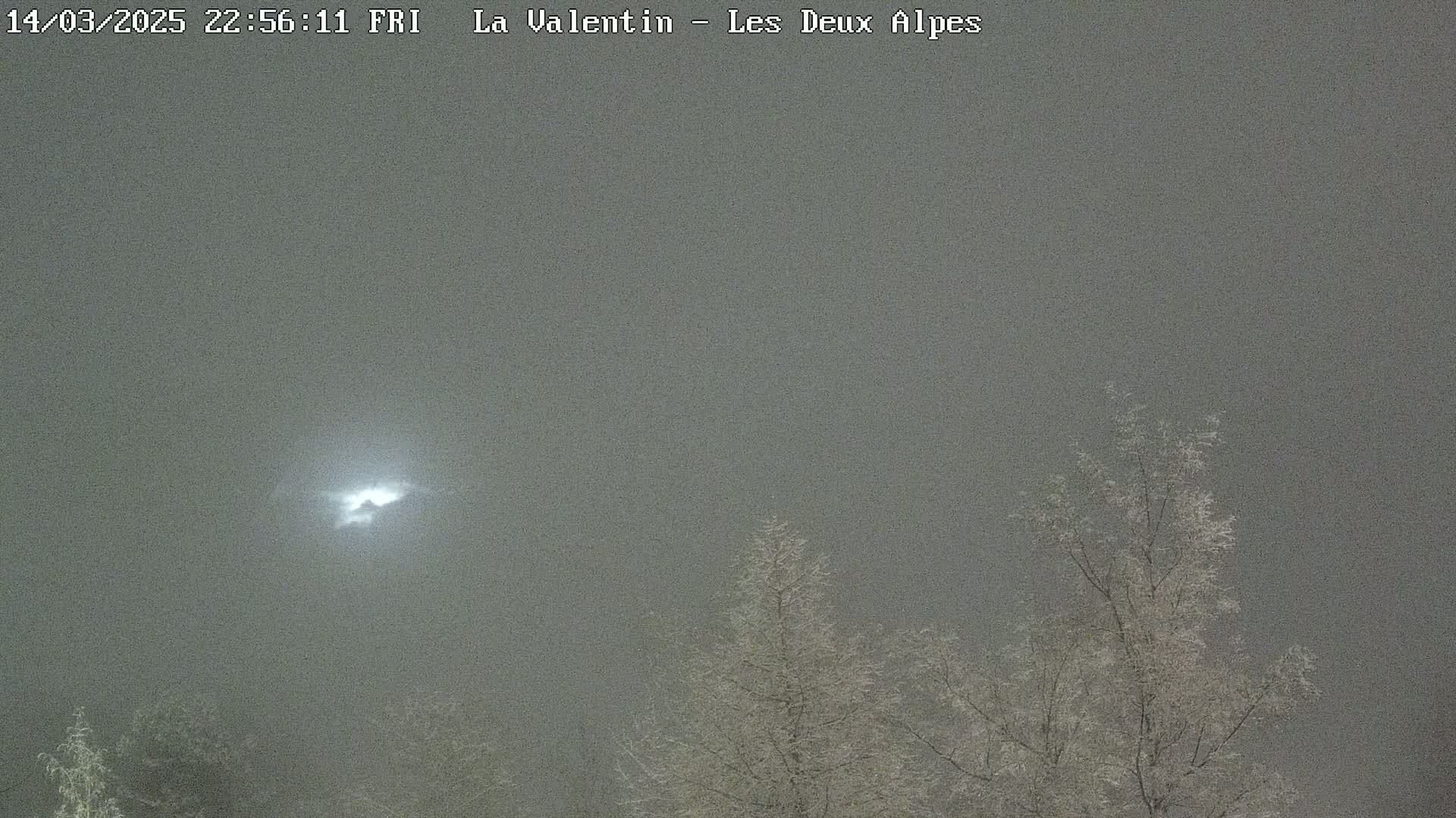 A dimly lit, foggy night scene shows a partially obscured moon and snow-covered trees.