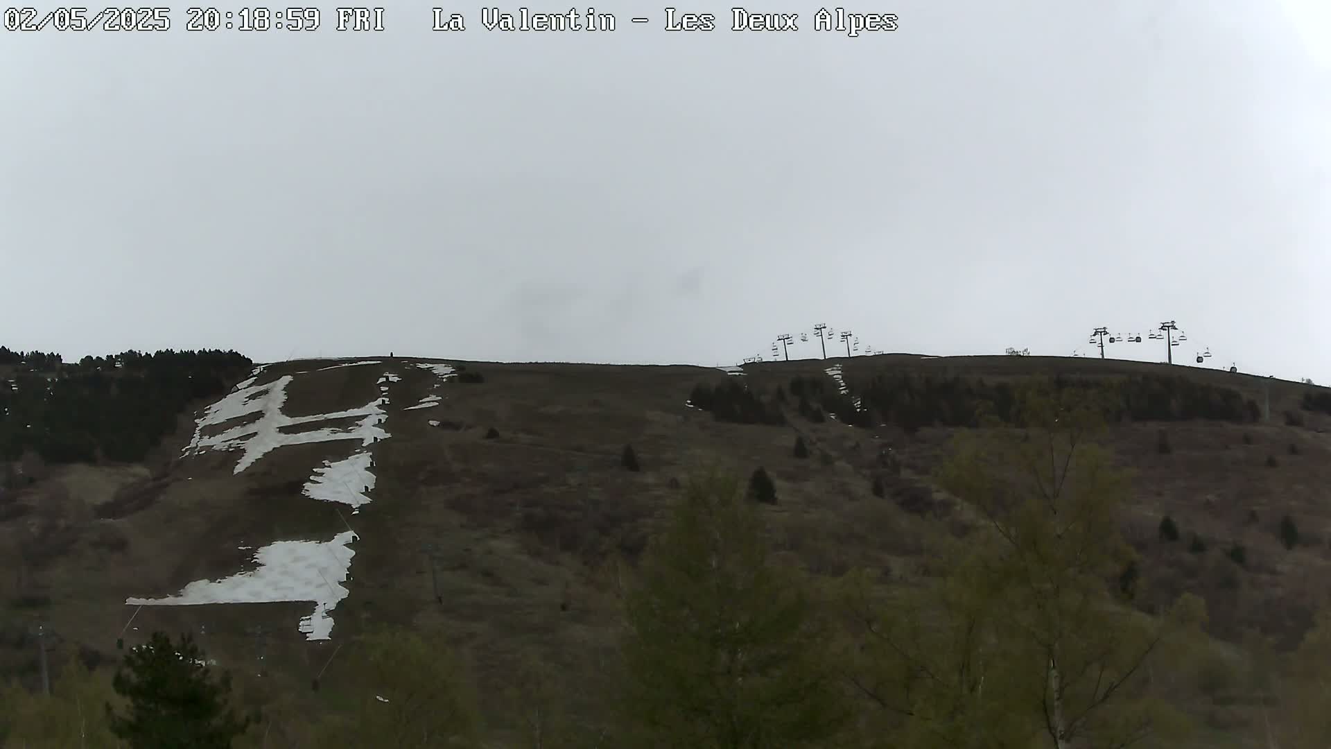 A mostly barren hillside with patches of snow and a few trees under an overcast sky.