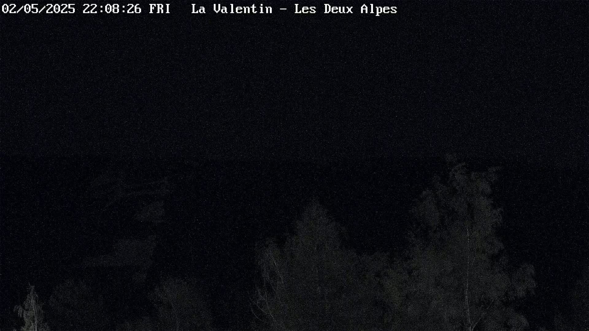 A nighttime, low-light image shows indistinct shapes suggestive of trees.