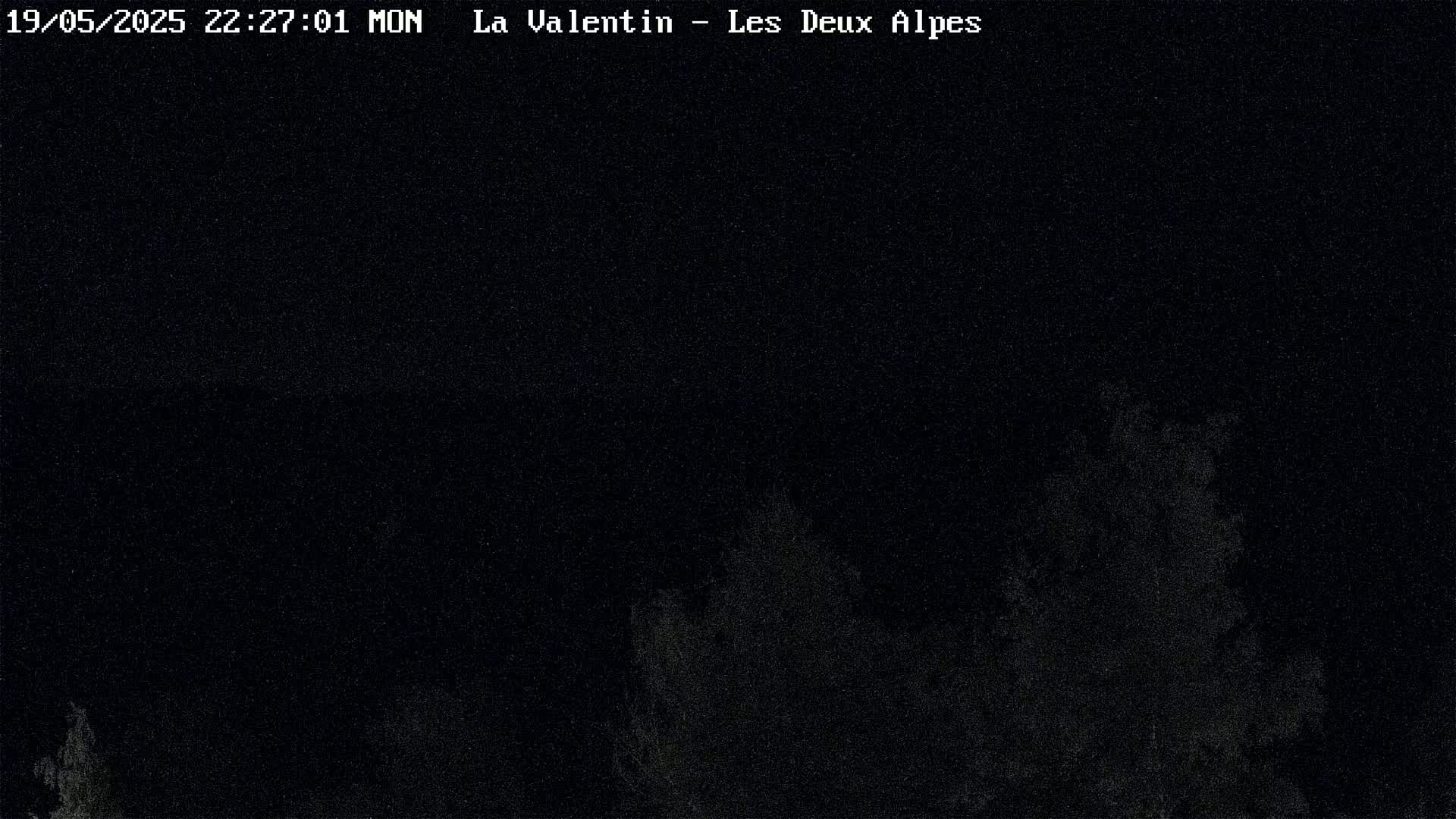 A nighttime, dark image shows indistinct shapes that appear to be trees against a black sky.