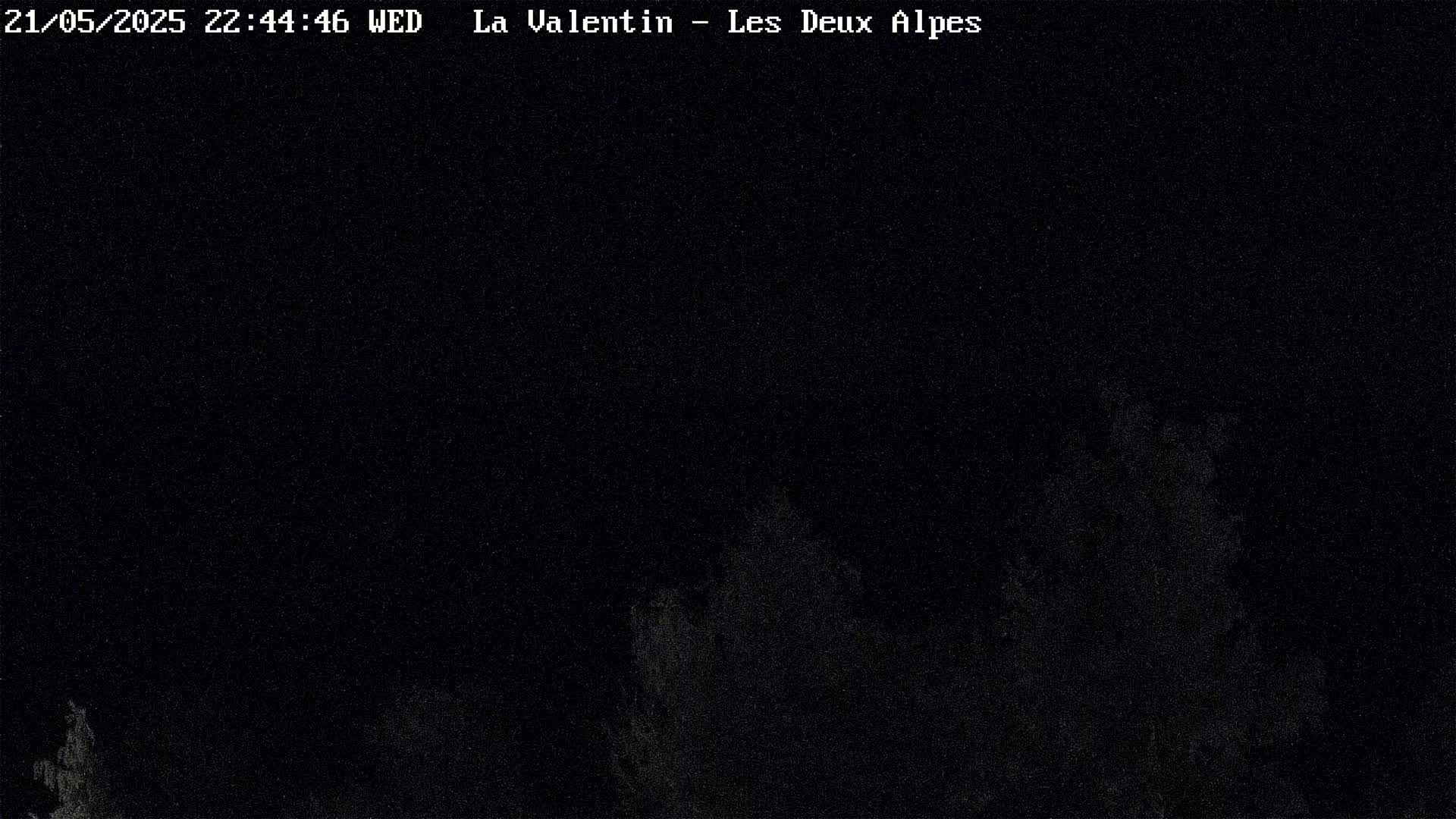 A dark, nighttime image shows indistinct, grayish shapes that may be trees against a mostly black background.