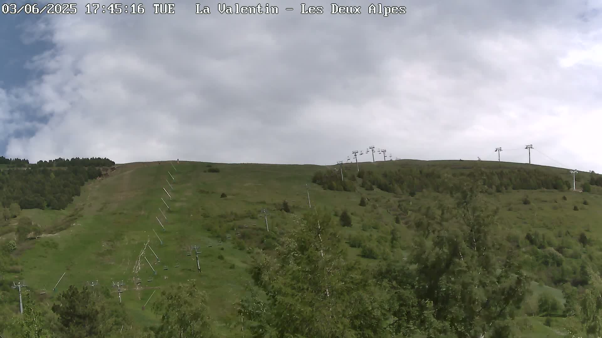A grassy hillside dotted with trees and several chairlifts stretches under a cloudy sky.