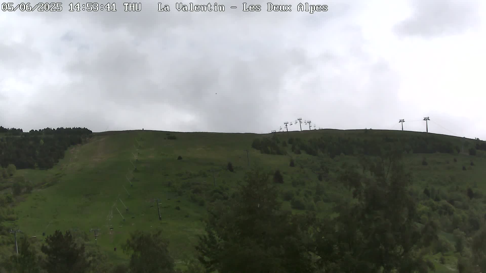 A grassy hillside with sparsely distributed trees and chairlift infrastructure is visible under an overcast sky.