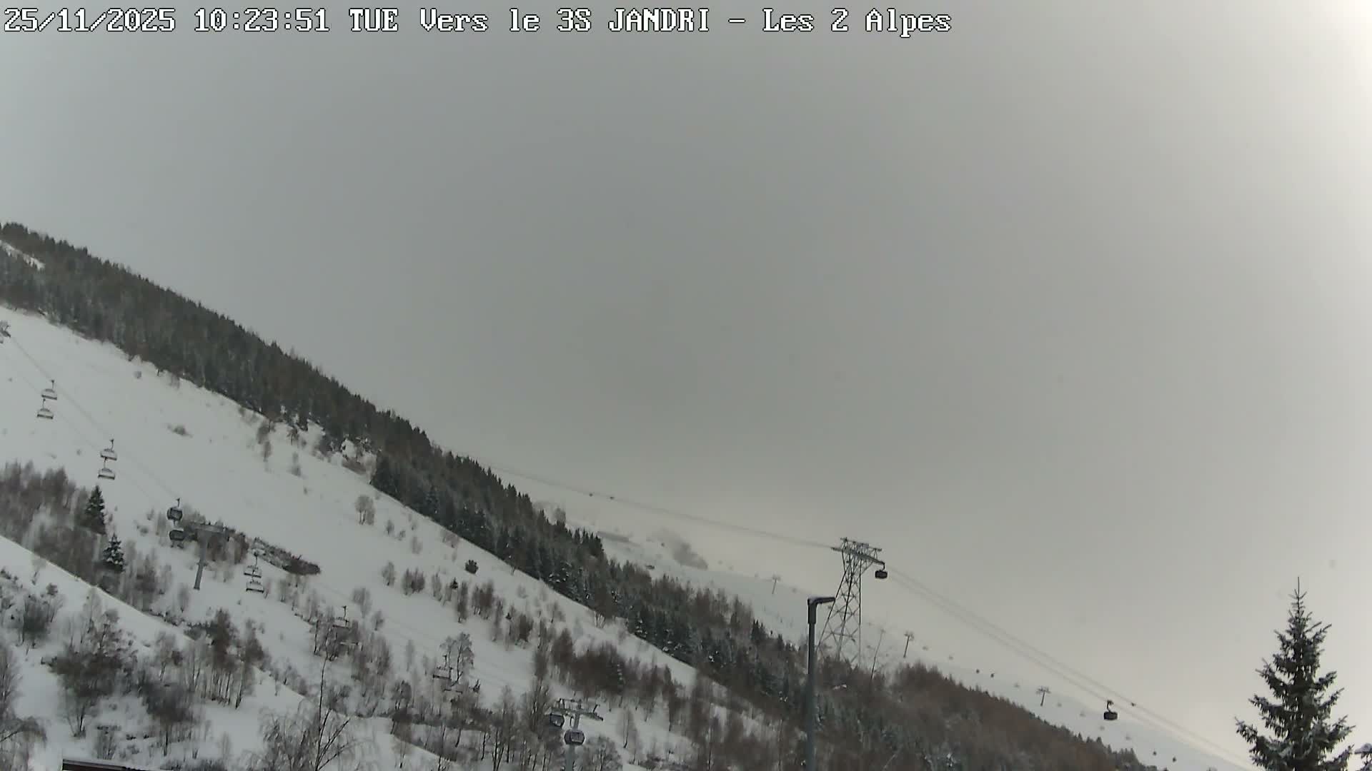A snowy mountain slope, dotted with bare trees and evergreens, features multiple ski lifts traversing the landscape under a uniformly grey, overcast sky.